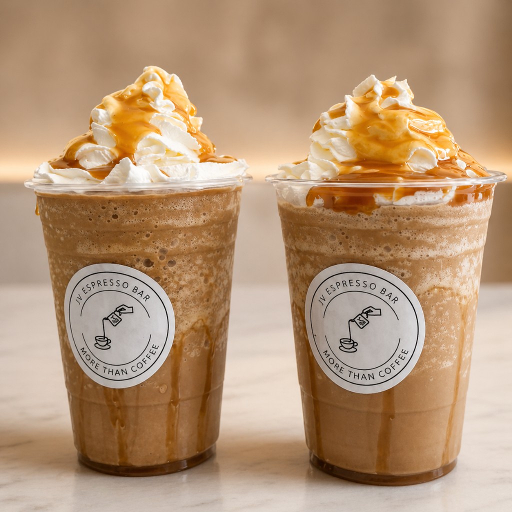 Two blended coffee drinks with whipped cream and caramel