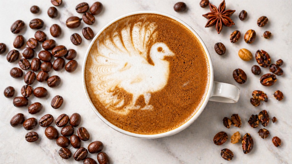 Overhead view of a coffee latte with turkey-shaped latte art on a light marble surface, surrounded by coffee beans and star anise