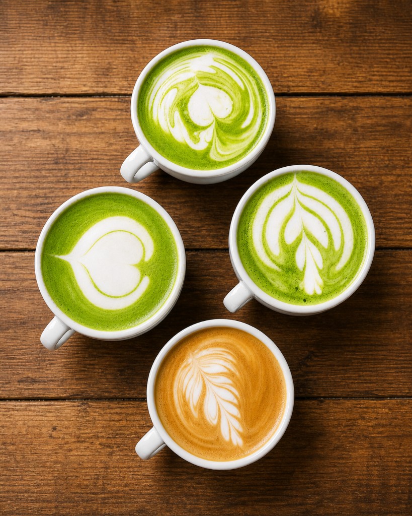 Matcha and coffee lattes with latte art on a dark wooden table