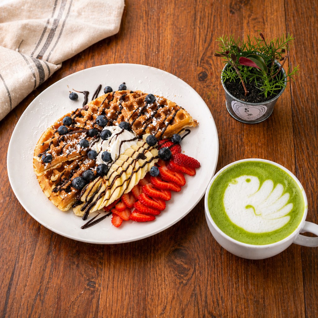 Belgian waffles with fresh fruit and matcha latte